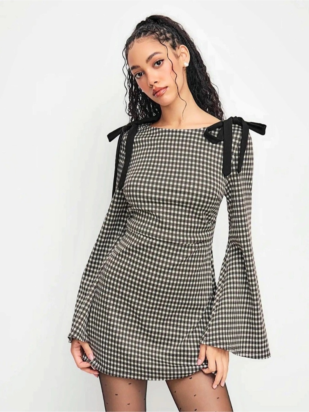 CIDER Cotton Blend Boat Neck Gingham Bowknot Ruched Mini Dress XL